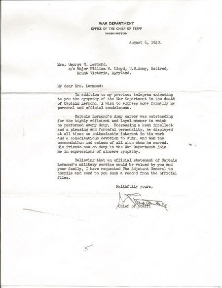 1940 Letter of Condolence from General George C. Marshall, U.S. Army Chief of Staff