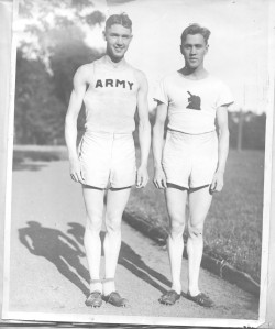 George in West Point track uniform, brother Leo in BAA gear